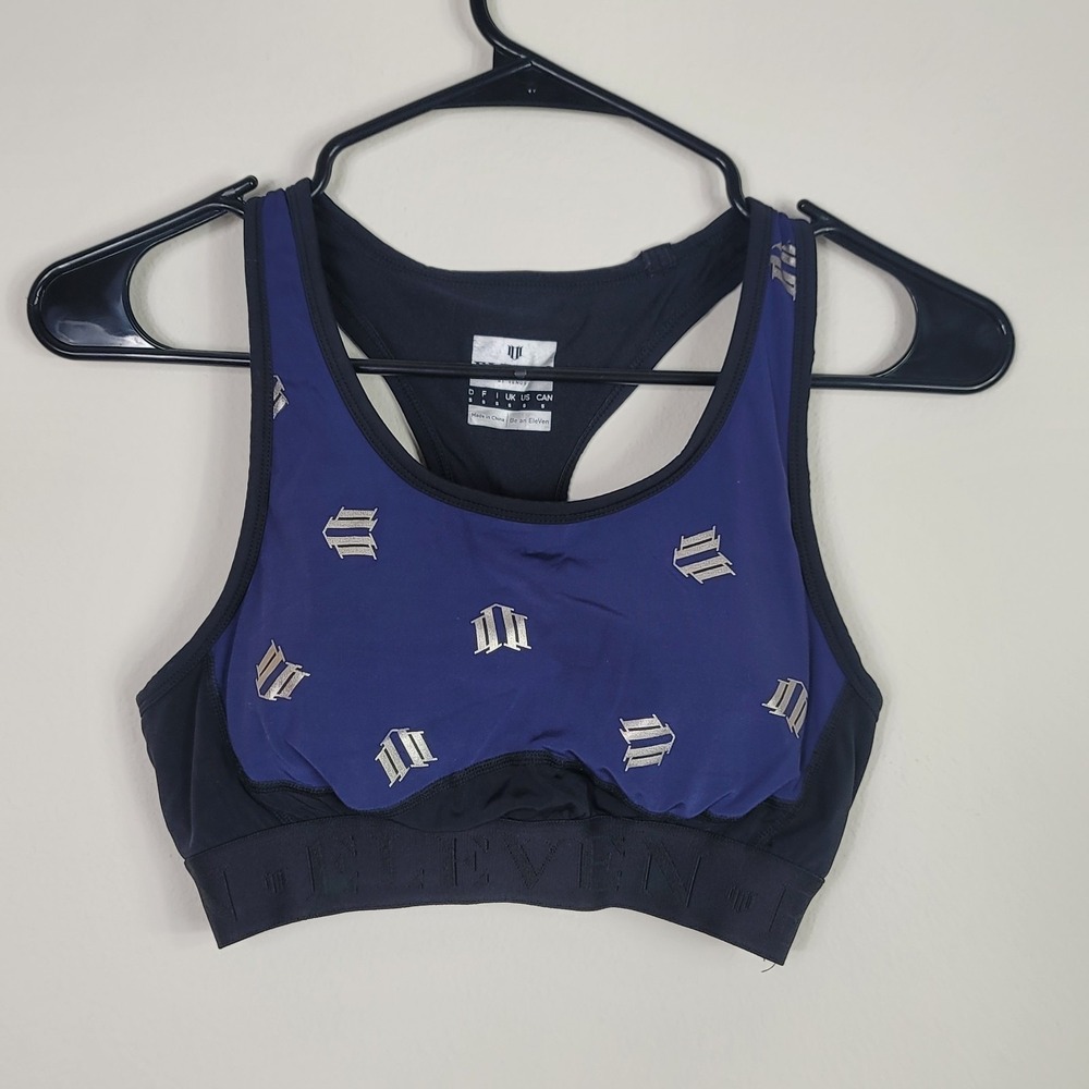 EleVen by Venus Williams Sports Bra S Navy Blue Metallic Logo Athletic Racerback